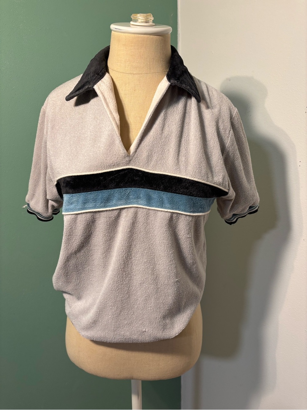 Vintage 1980’s  Terry Polo with Black Collar and Blue Stripe